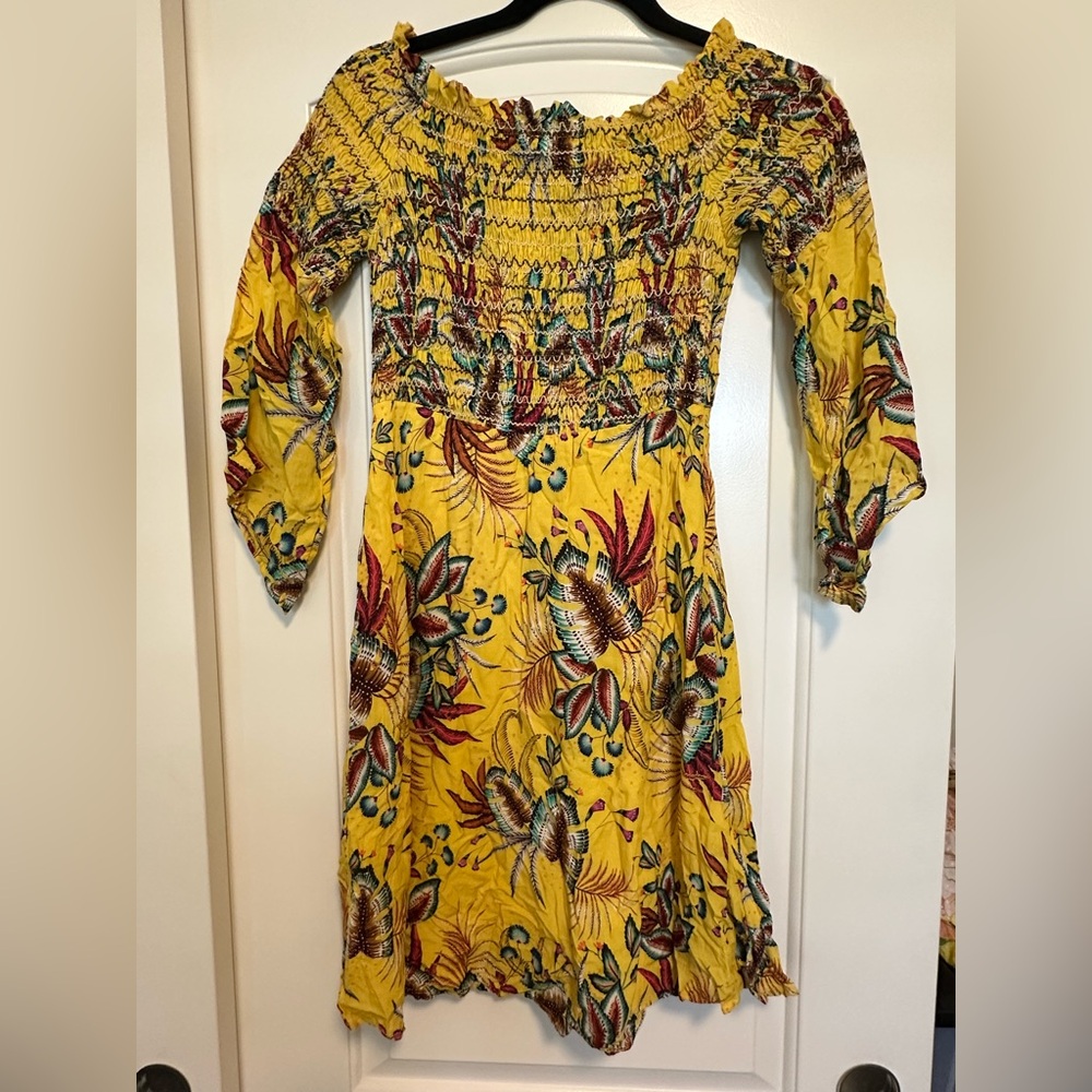 Farm Rio Yellow Floral Smocked Long Sleeve Dress size S